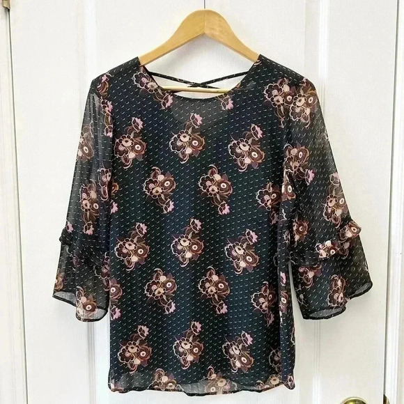 DR2 Blouse Sheer Ruffle Sleeve Bohemian Dark Floral Flowy Black Brown Small - Picture 2 of 12